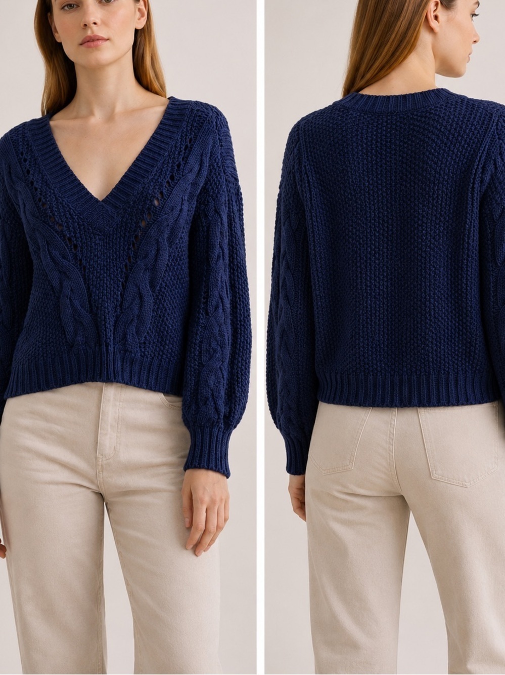 For Love & Lemons Blue Cable Knit V-Neck Balloon Sleeve Sweater Boho Crop